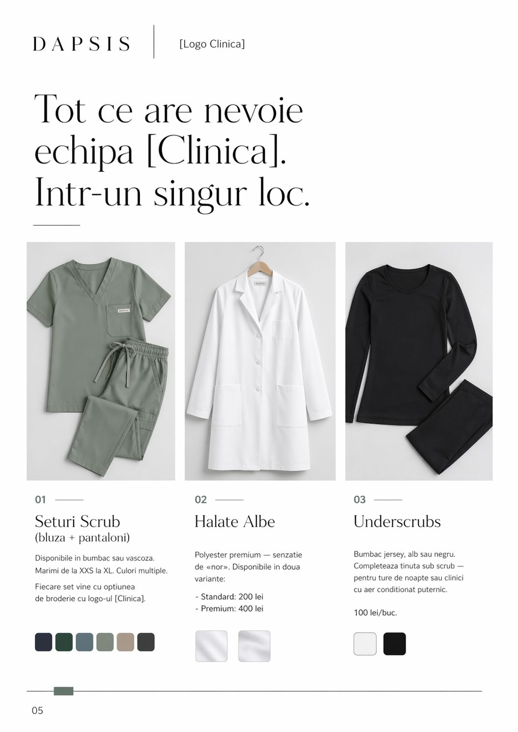 Catalog Dapsis: seturi scrub, halate albe, underscrubs